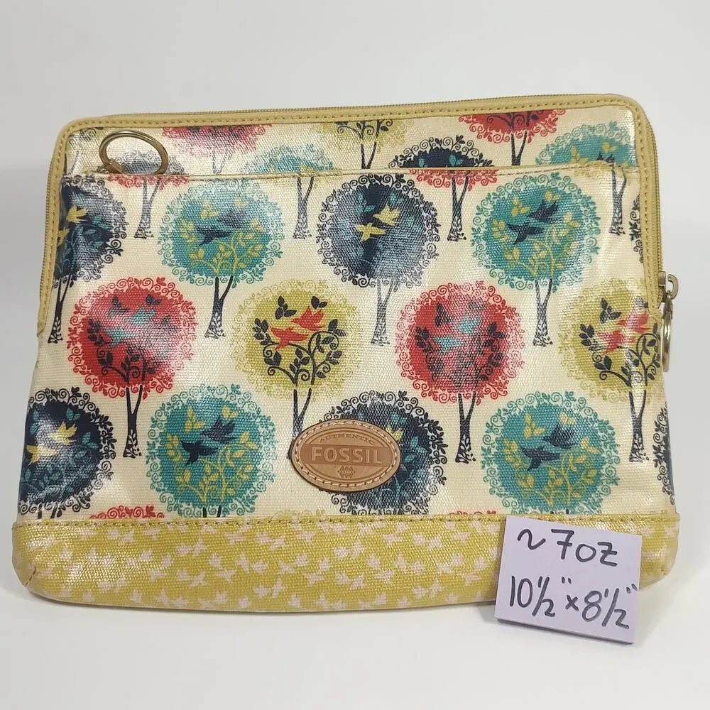 Fossil Tablet Case Bag Trees Birds Pattern PVC Coated Zippered Brass Accents